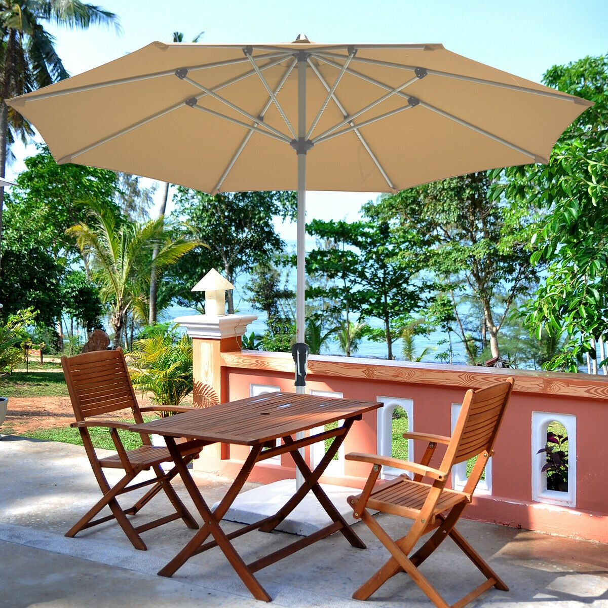9 Feet Patio Outdoor Market Umbrella with Aluminum Pole without Weight Base-Beige Kids Crystal