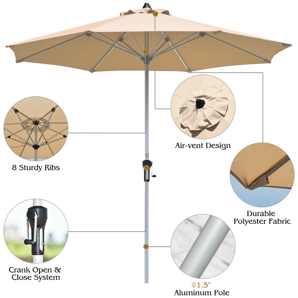 9 Feet Patio Outdoor Market Umbrella with Aluminum Pole without Weight Base-Beige Kids Crystal