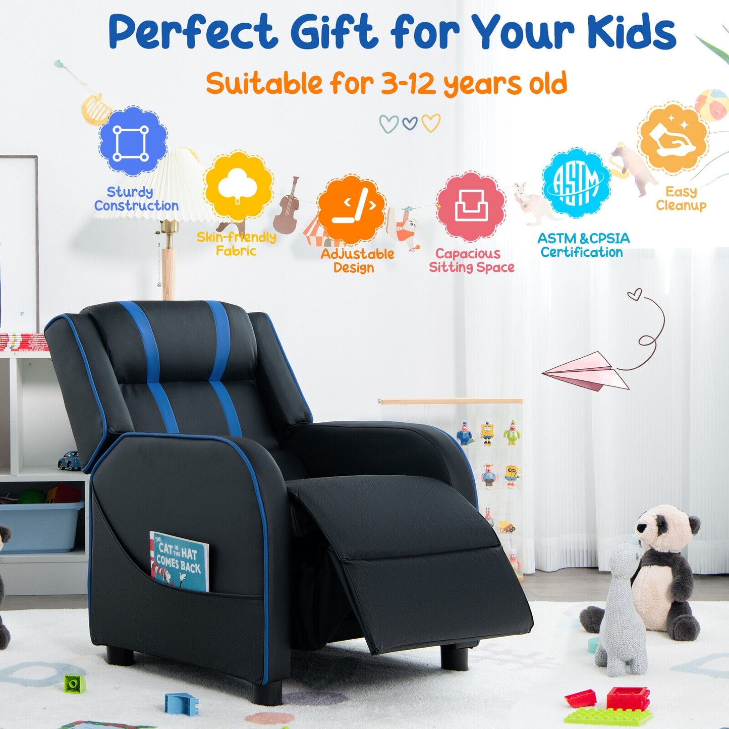 Kids Recliner Chair with Side Pockets and Footrest-Blue Kids Crystal