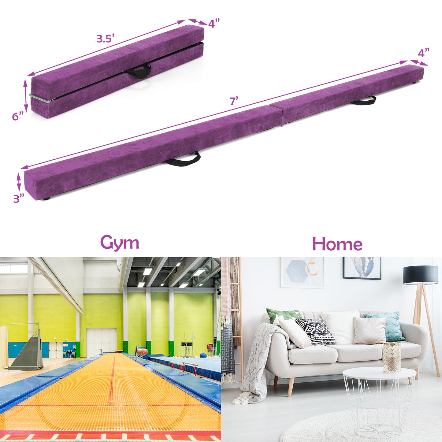 7 Feet Folding Portable Floor Balance Beam with Handles for Gymnasts-Purple Kids Crystal