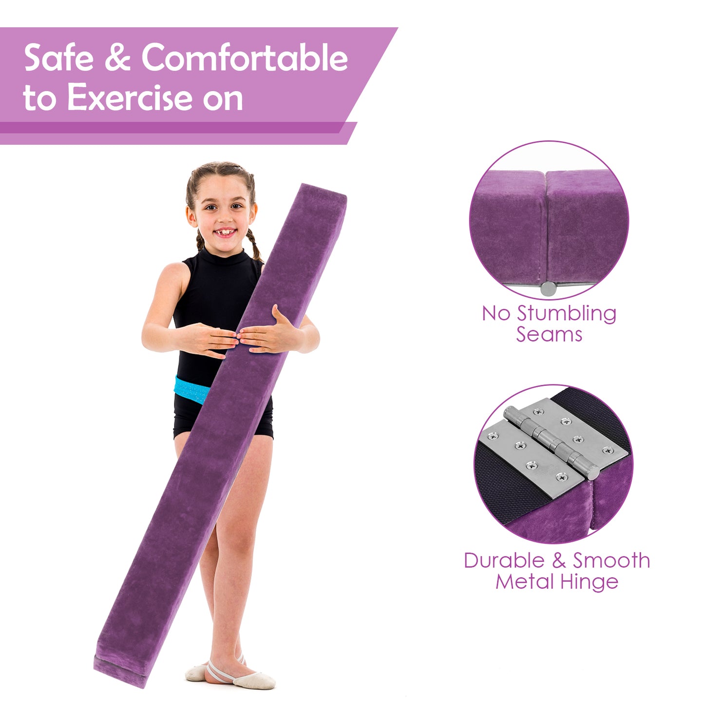 7 Feet Folding Portable Floor Balance Beam with Handles for Gymnasts-Purple Kids Crystal