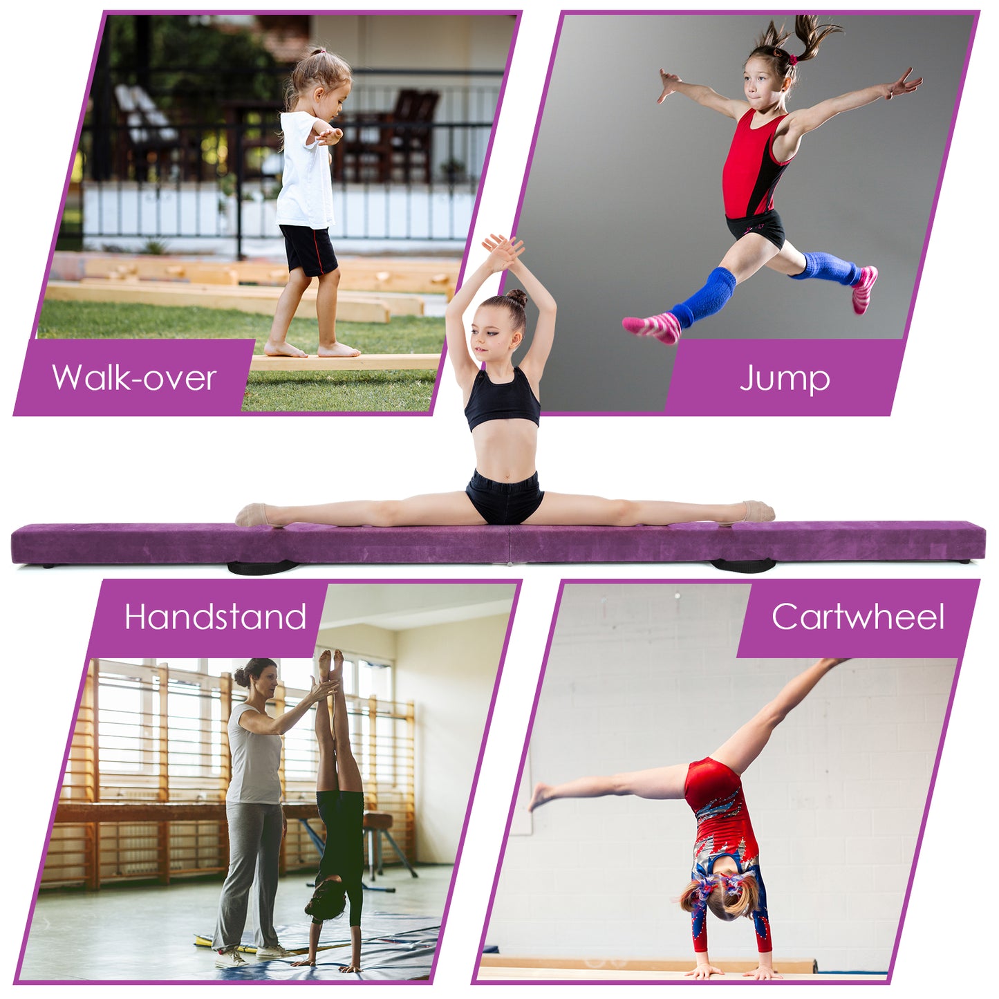 7 Feet Folding Portable Floor Balance Beam with Handles for Gymnasts-Purple Kids Crystal