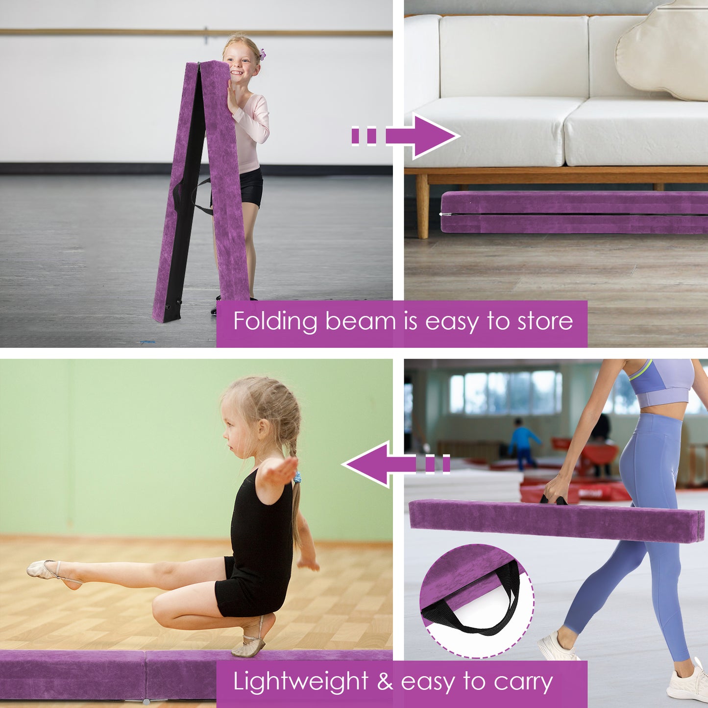 7 Feet Folding Portable Floor Balance Beam with Handles for Gymnasts-Purple Kids Crystal