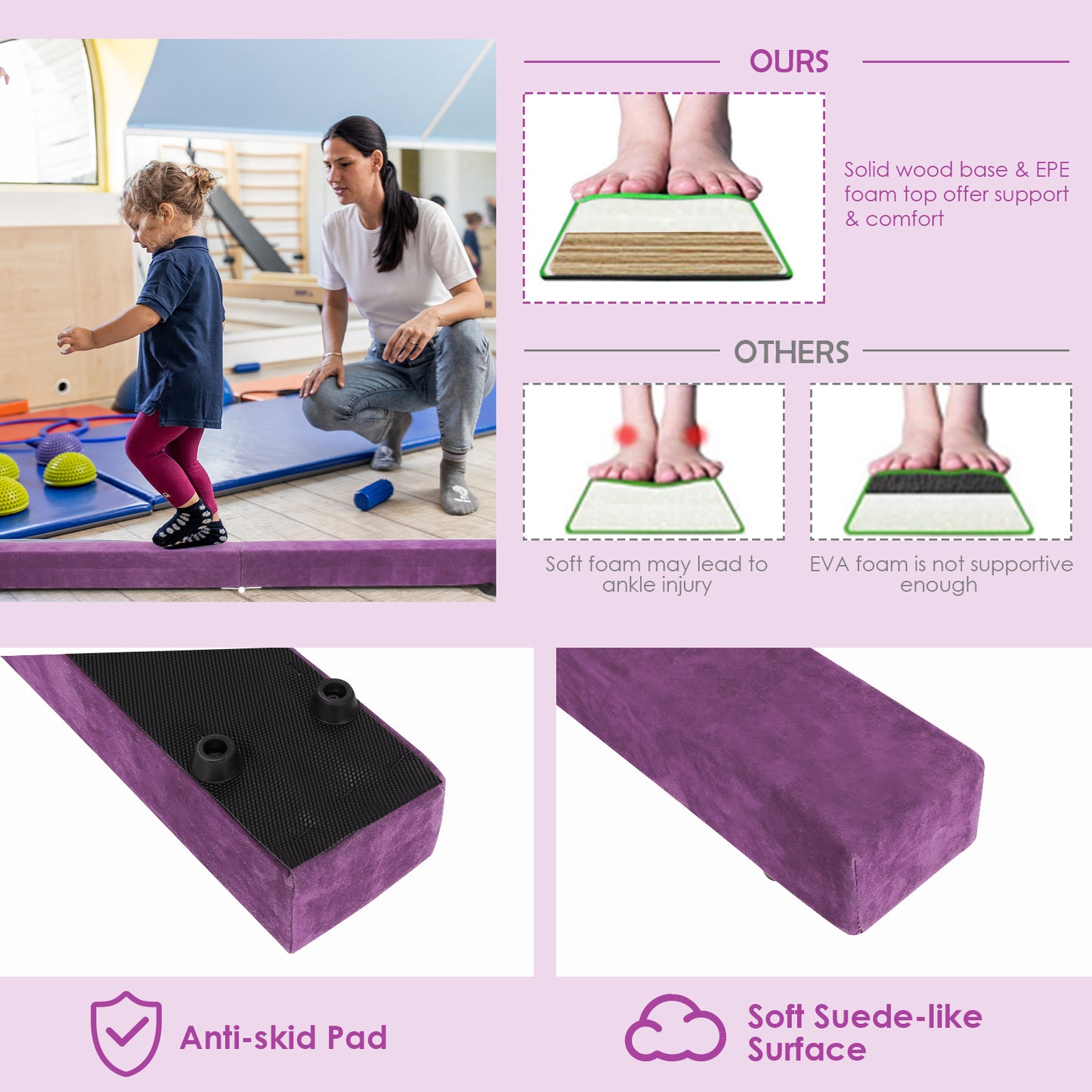 7 Feet Folding Portable Floor Balance Beam with Handles for Gymnasts-Purple Kids Crystal