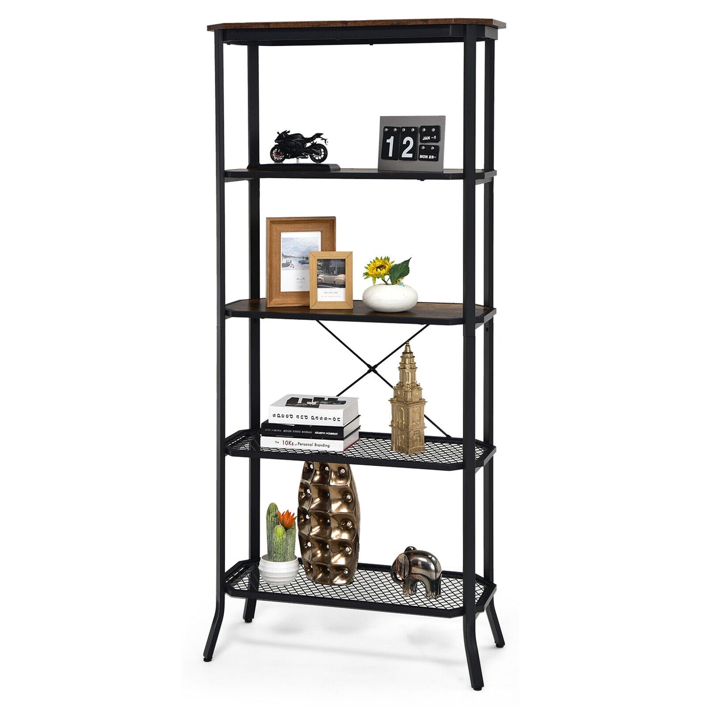 Industrial 5-Layer Bookshelf with Out-Stretched Legs-Rustic Brown Kids Crystal