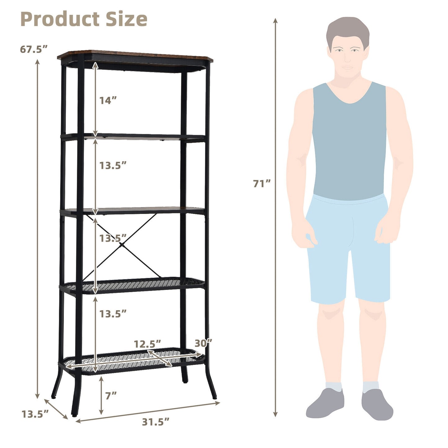 Industrial 5-Layer Bookshelf with Out-Stretched Legs-Rustic Brown Kids Crystal