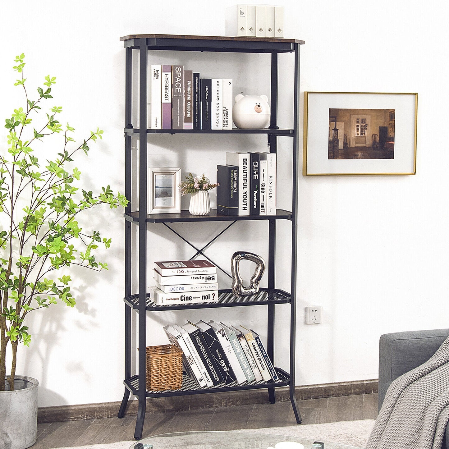 Industrial 5-Layer Bookshelf with Out-Stretched Legs-Rustic Brown Kids Crystal