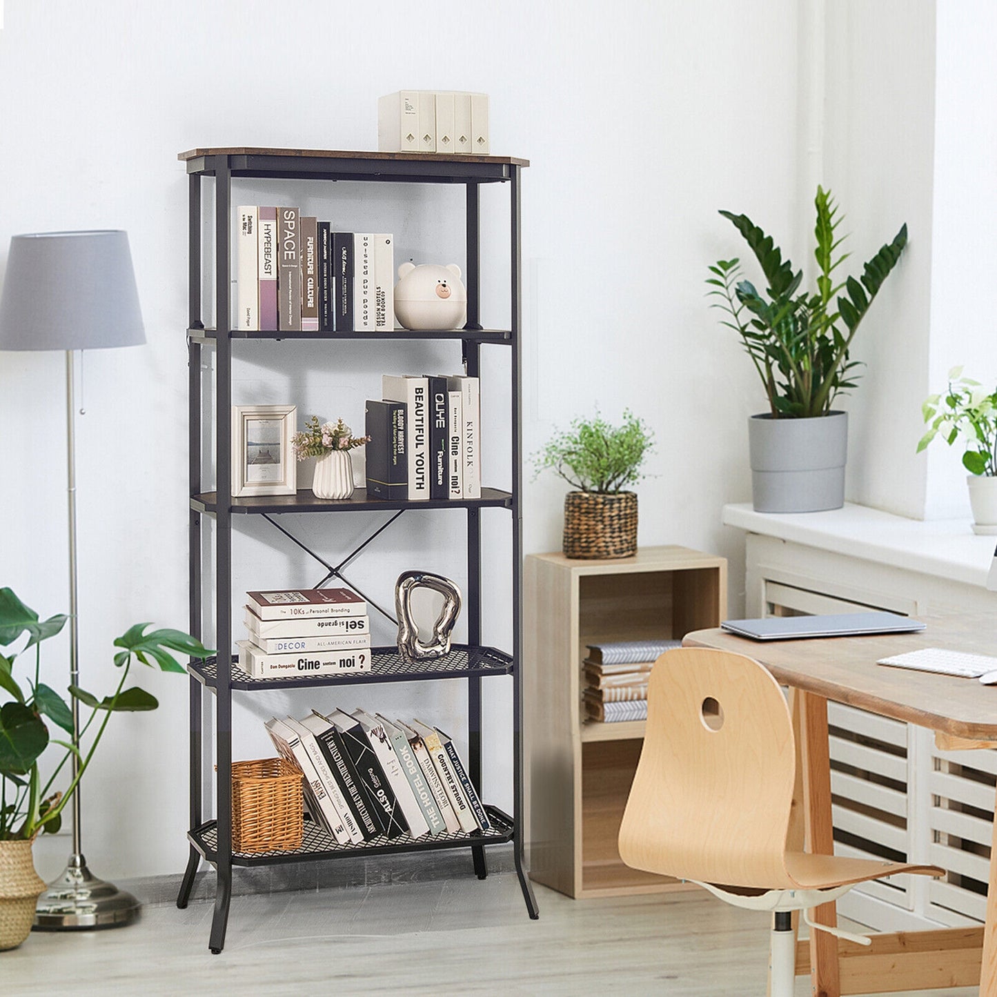 Industrial 5-Layer Bookshelf with Out-Stretched Legs-Rustic Brown Kids Crystal