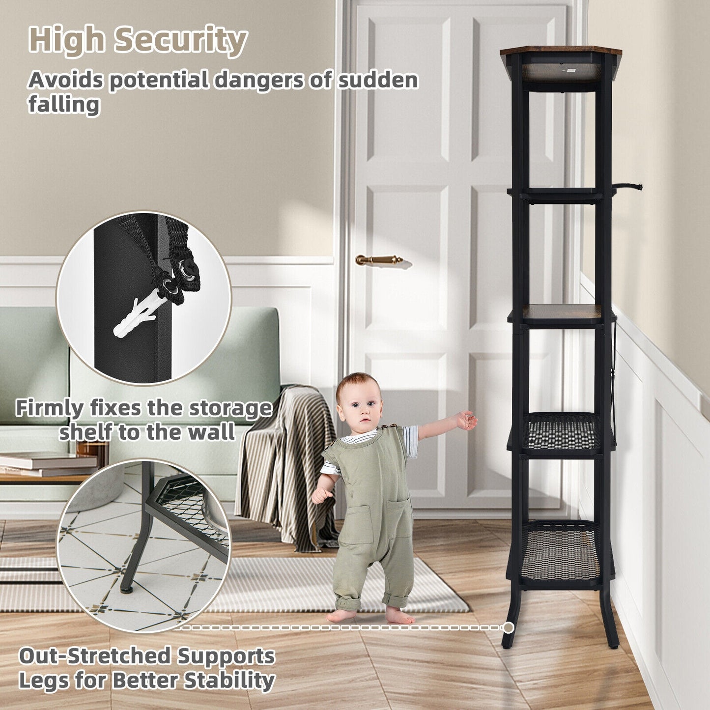 Industrial 5-Layer Bookshelf with Out-Stretched Legs-Rustic Brown Kids Crystal