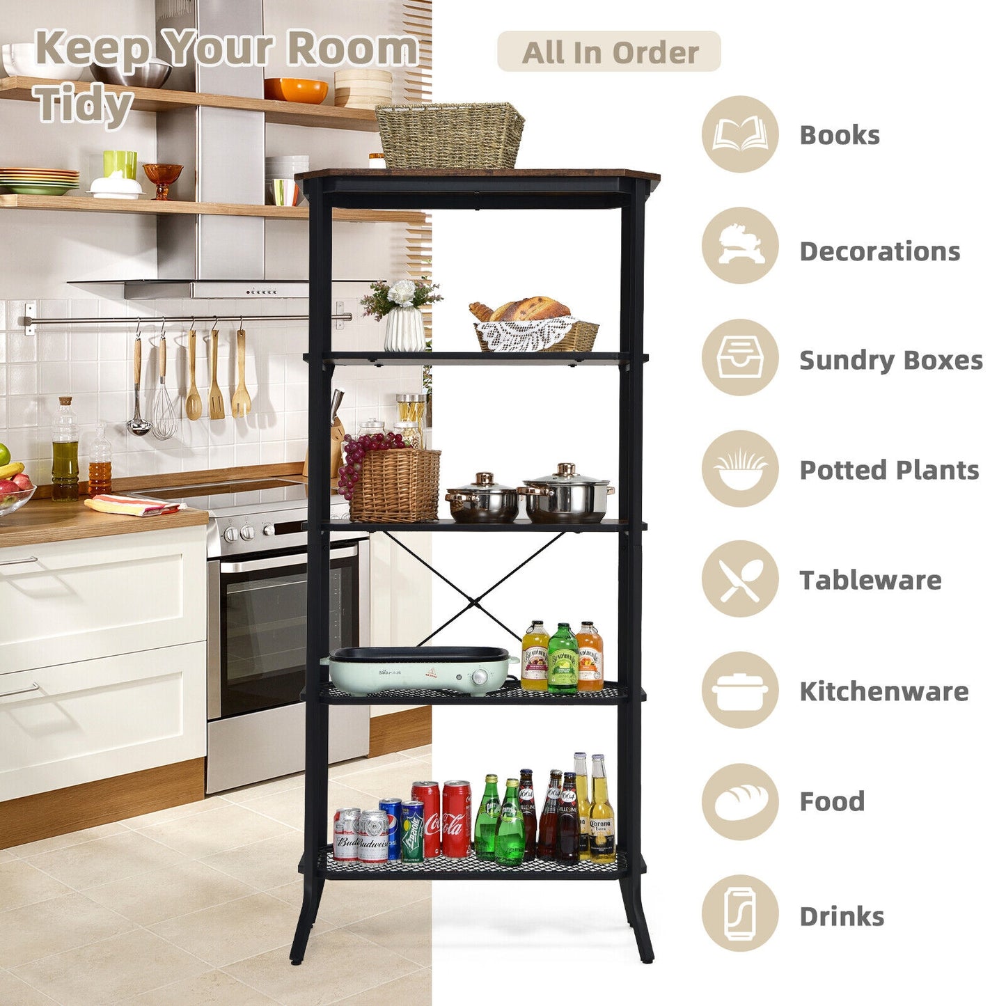 Industrial 5-Layer Bookshelf with Out-Stretched Legs-Rustic Brown Kids Crystal