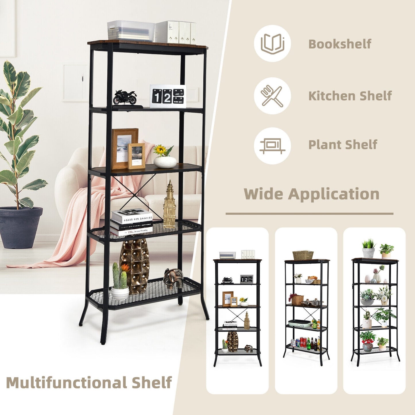 Industrial 5-Layer Bookshelf with Out-Stretched Legs-Rustic Brown Kids Crystal