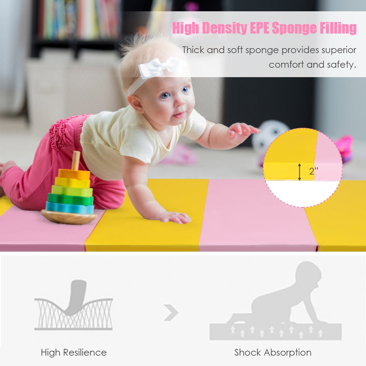 6 Feet x 2 Feet  x 2.5 Inch 3-Fold Gymnastics Tumbling Fitness Mat Kids Crystal