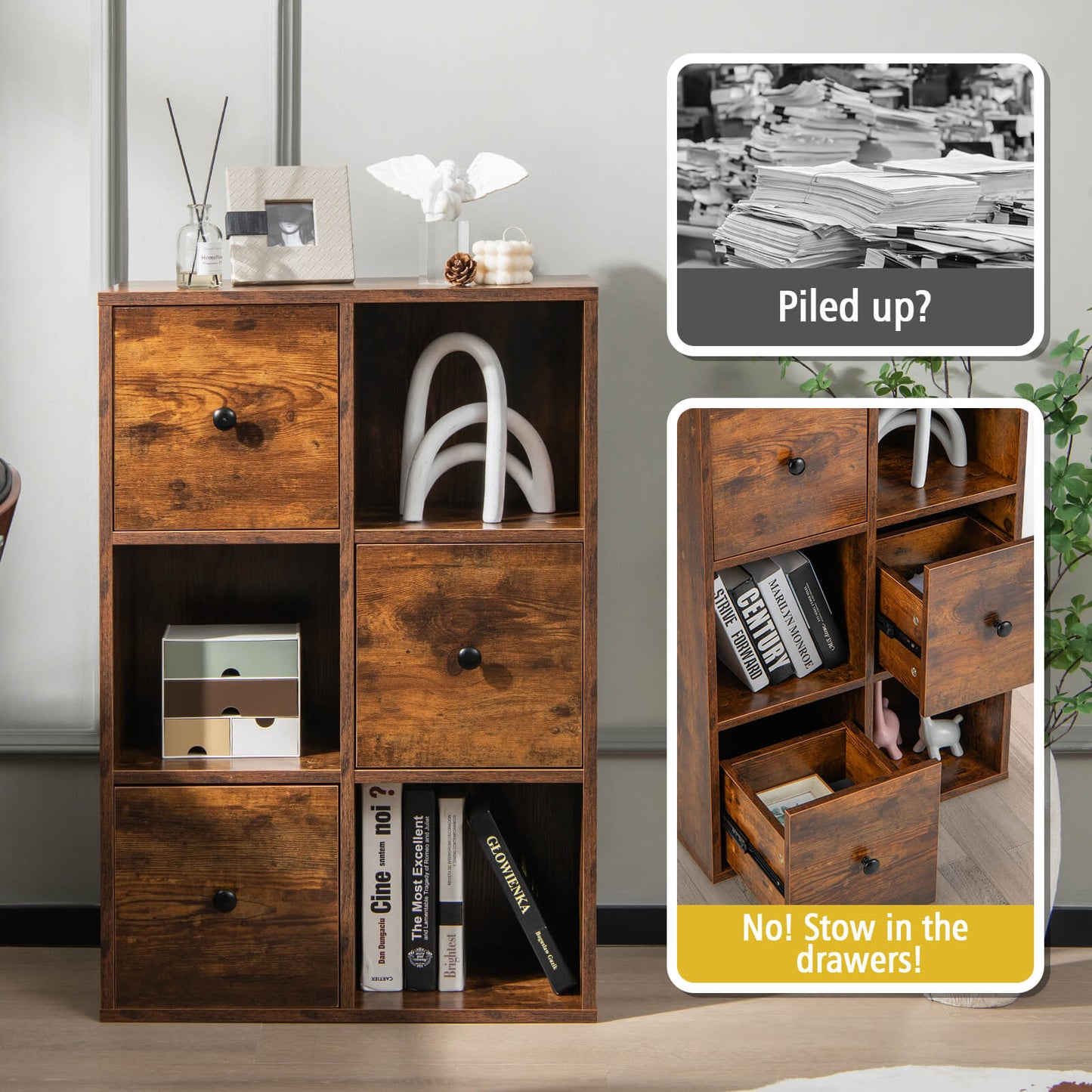 3-Tier Bookshelf with Anti-toppling Device for Living Room-Brown Kids Crystal
