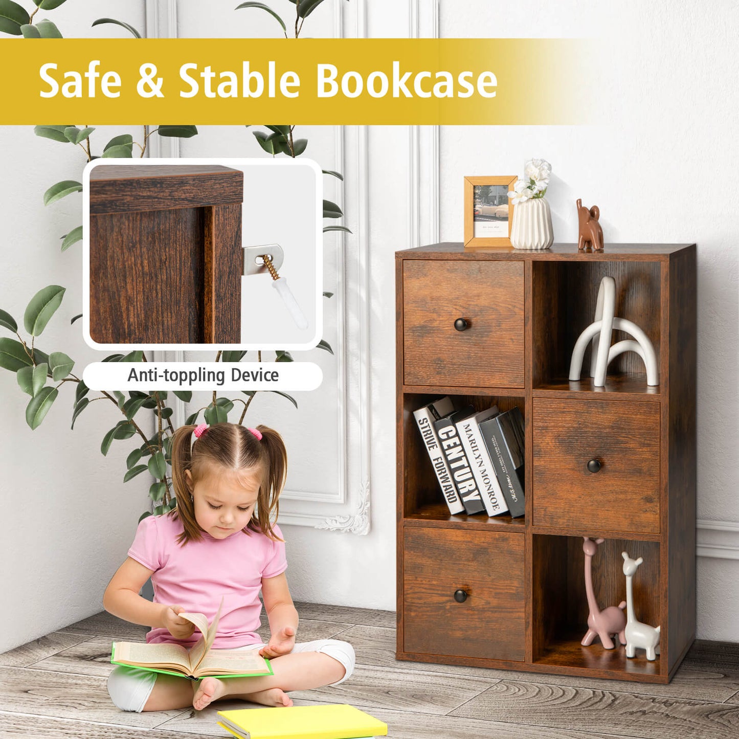 3-Tier Bookshelf with Anti-toppling Device for Living Room-Brown Kids Crystal