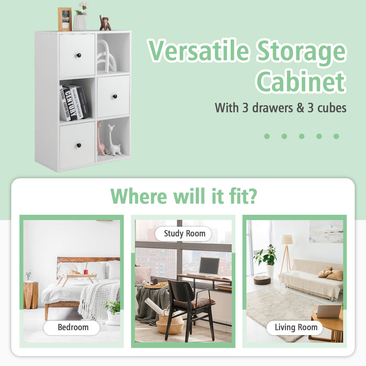 3-Tier Bookshelf with Anti-toppling Device for Living Room-White Kids Crystal