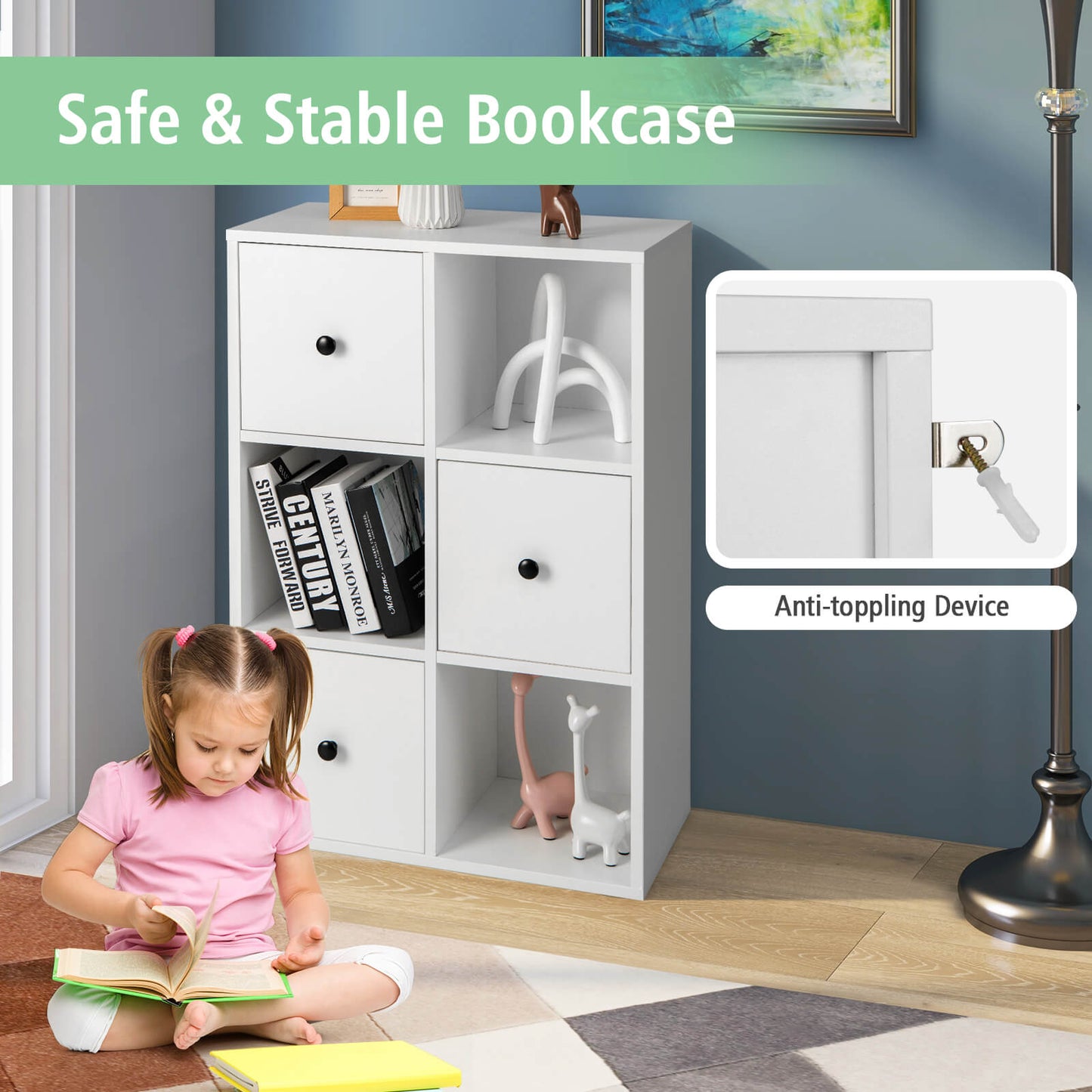 3-Tier Bookshelf with Anti-toppling Device for Living Room-White Kids Crystal