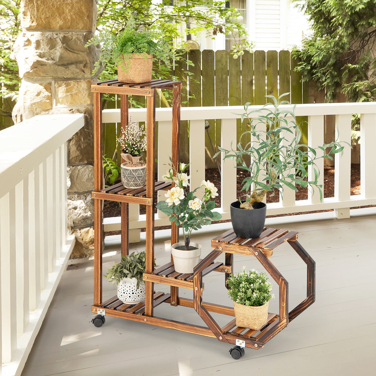 6-Tier Wooden Plant Stand with Wheels-Brown Kids Crystal