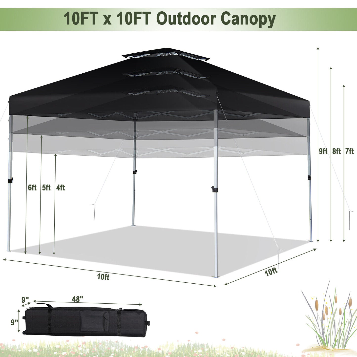 2-Tier 10 x 10 Feet Pop-up Canopy Tent with Wheeled Carry Bag-Black Kids Crystal