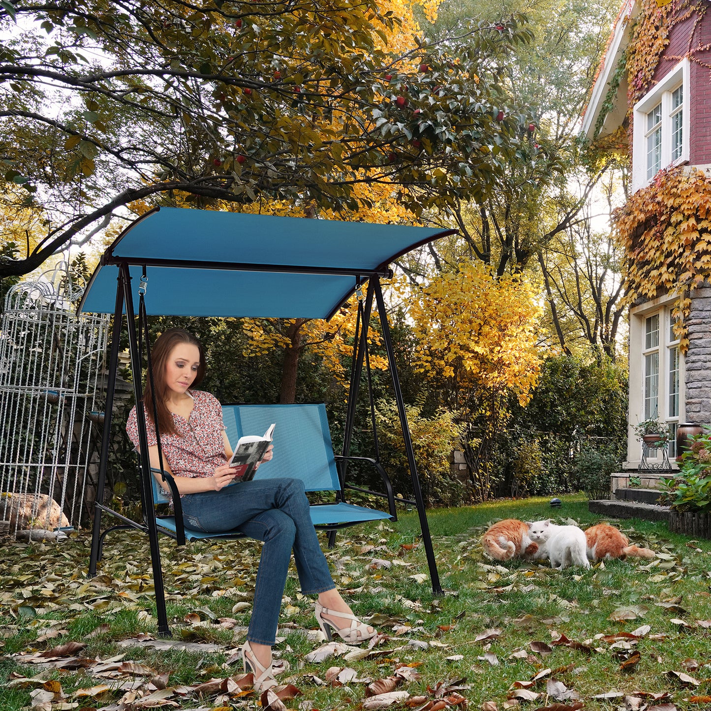 2-Seat Outdoor Canopy Swing with Comfortable Fabric Seat and Heavy-duty Metal Frame-Navy Kids Crystal