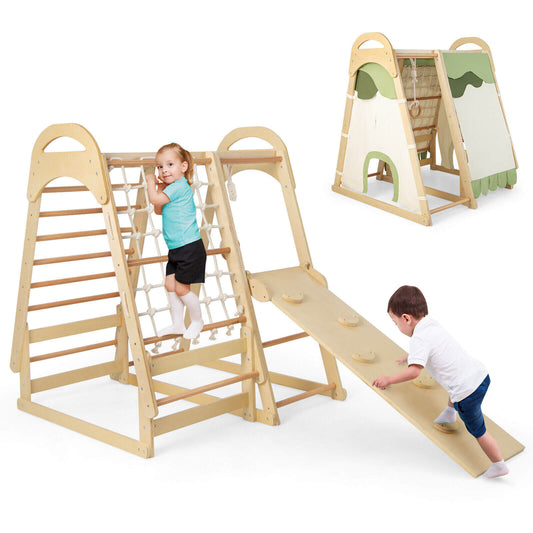 6-in-1 Wooden Kids Jungle Gym Playset with Slide Climbing Net-Natural Kids Crystal