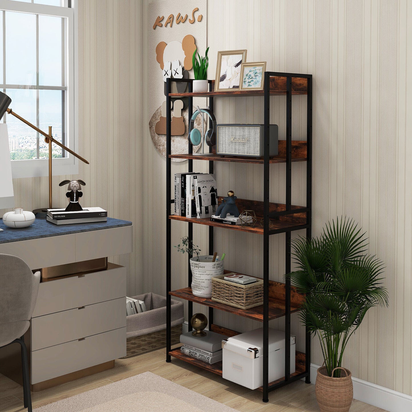 3/5-Tier Industrial Bookshelf Storage Shelf Display Rack with Adjustable Shelves-5Tier Kids Crystal