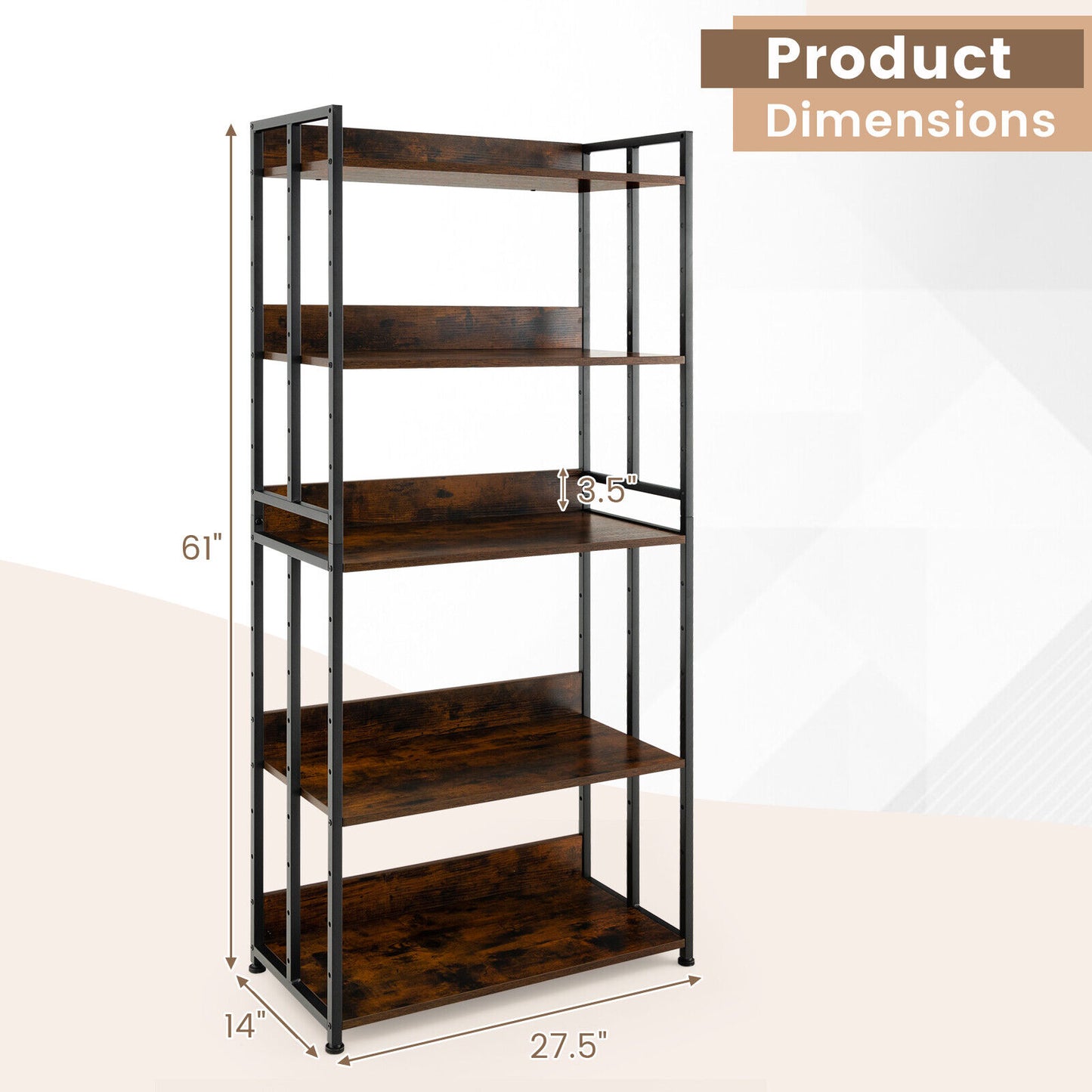 3/5-Tier Industrial Bookshelf Storage Shelf Display Rack with Adjustable Shelves-5Tier Kids Crystal