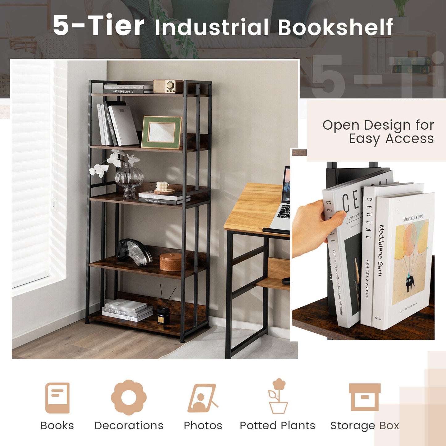 3/5-Tier Industrial Bookshelf Storage Shelf Display Rack with Adjustable Shelves-5Tier Kids Crystal