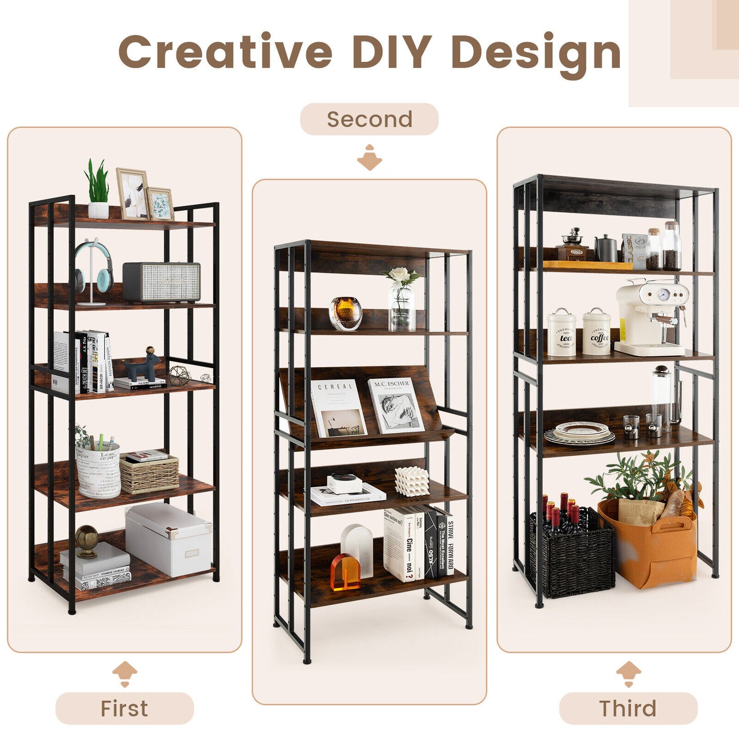 3/5-Tier Industrial Bookshelf Storage Shelf Display Rack with Adjustable Shelves-5Tier Kids Crystal