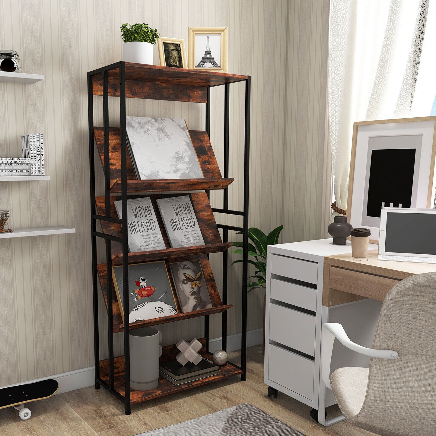 3/5-Tier Industrial Bookshelf Storage Shelf Display Rack with Adjustable Shelves-5Tier Kids Crystal