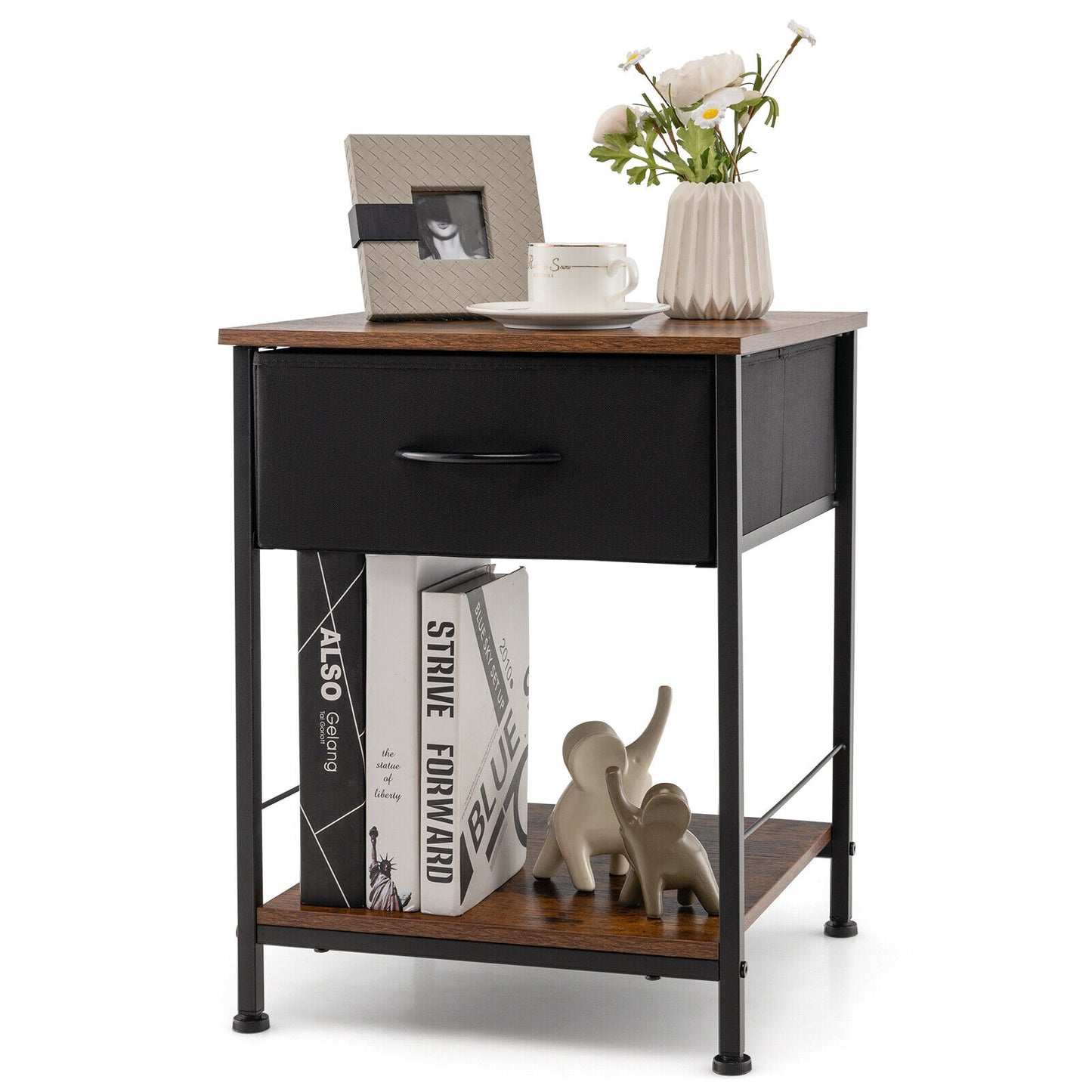 2 Tiers Wood Nightstand with Drawer for Bedroom and Living Room-Rustic Brown Kids Crystal