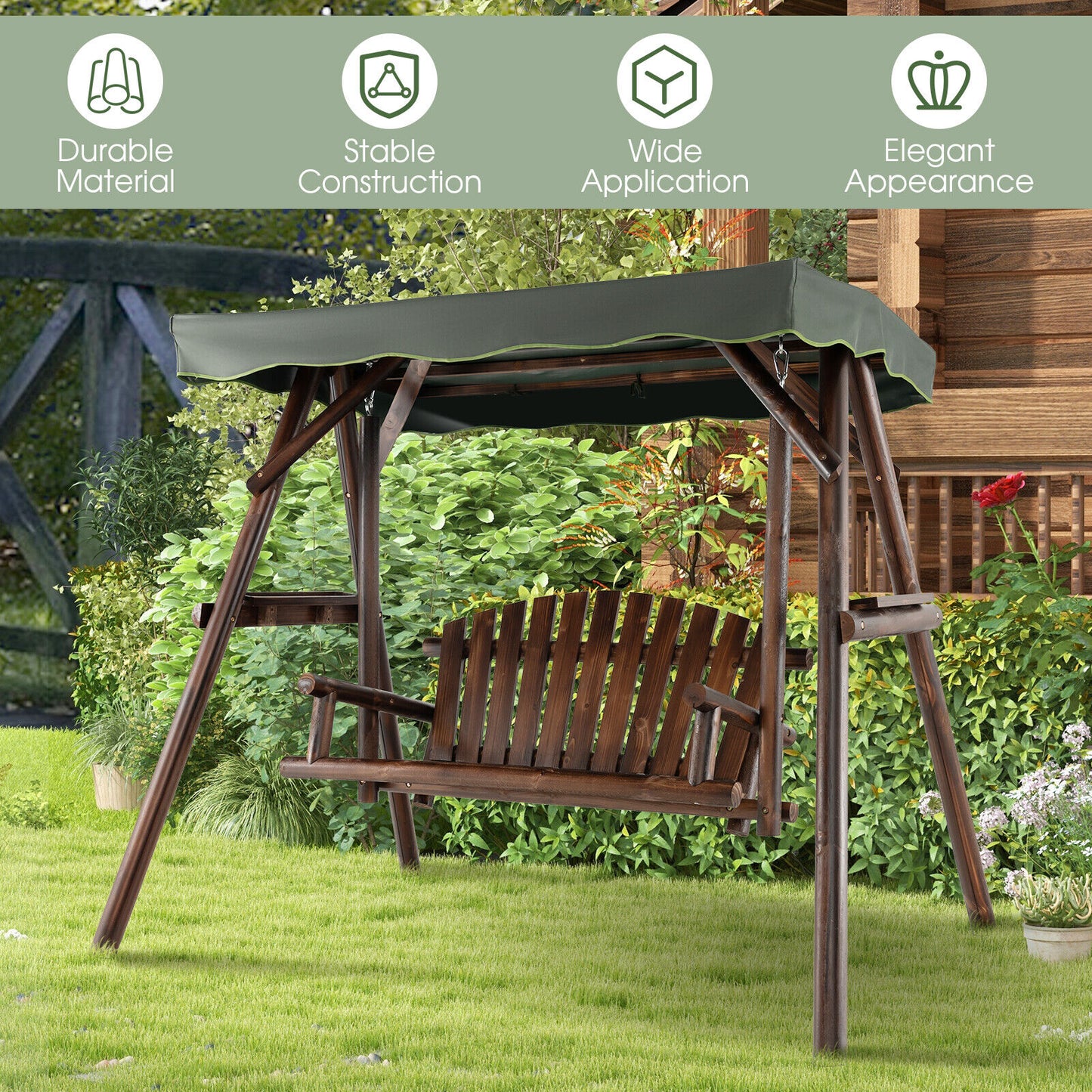 2-Person Outdoor Wooden Porch Swing with an Adjustable Canopy Kids Crystal
