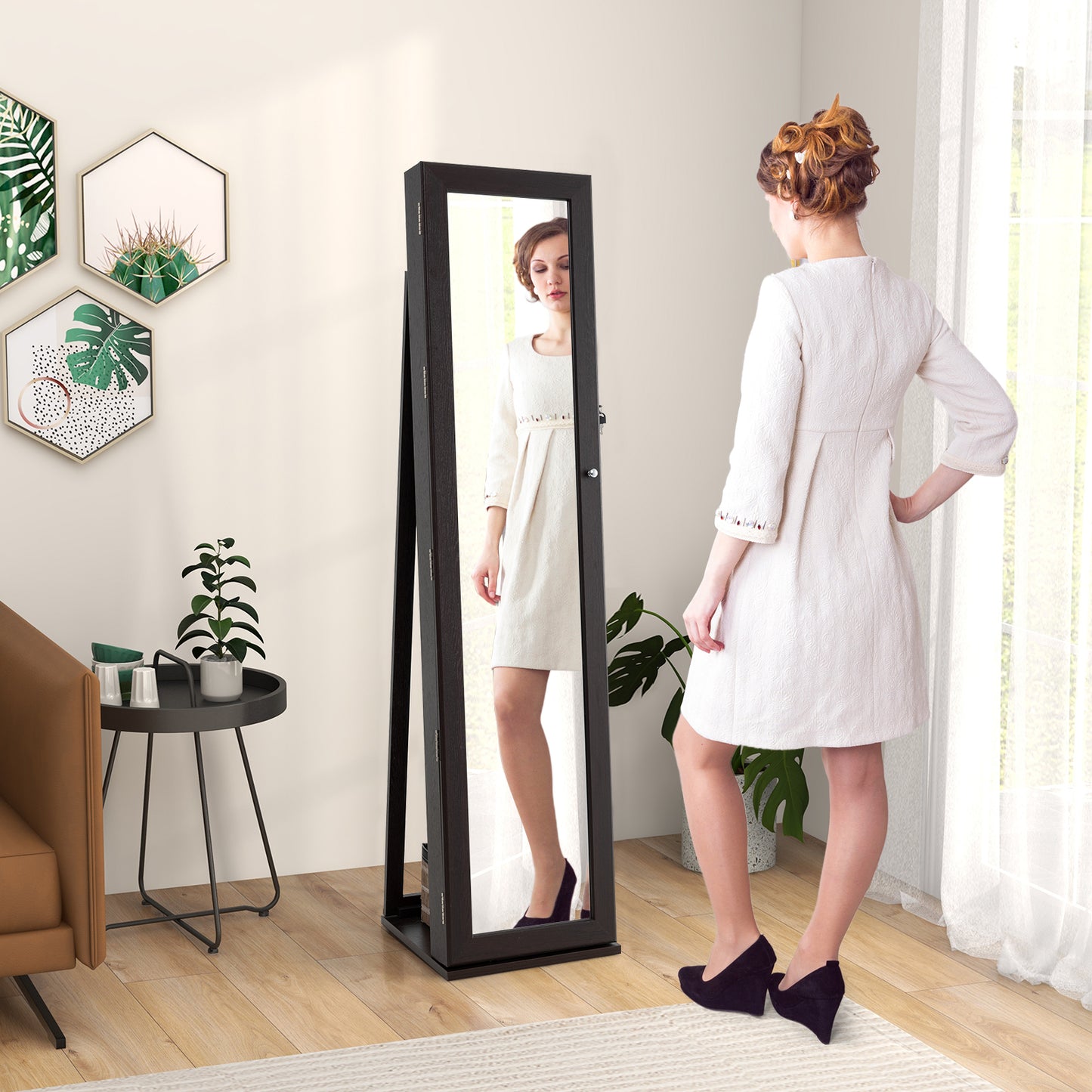 Standing Lockable Jewelry Storage Organizer with Full-Length Mirror-Coffee Kids Crystal