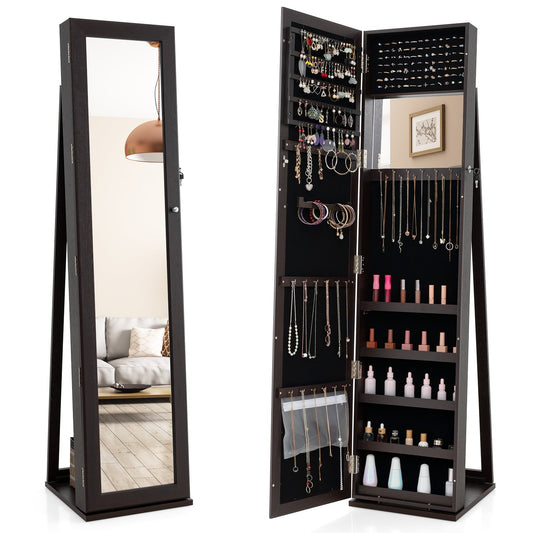 Standing Lockable Jewelry Storage Organizer with Full-Length Mirror-Coffee Kids Crystal