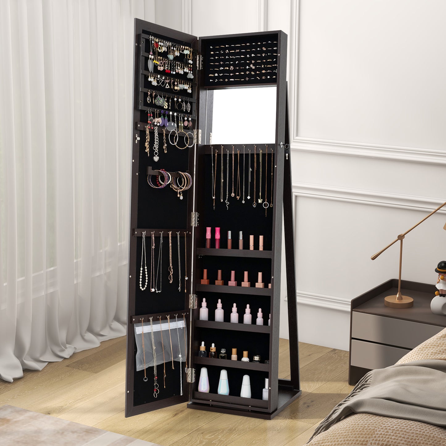 Standing Lockable Jewelry Storage Organizer with Full-Length Mirror-Coffee Kids Crystal