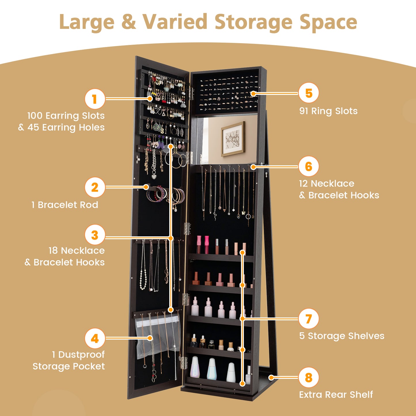Standing Lockable Jewelry Storage Organizer with Full-Length Mirror-Coffee Kids Crystal
