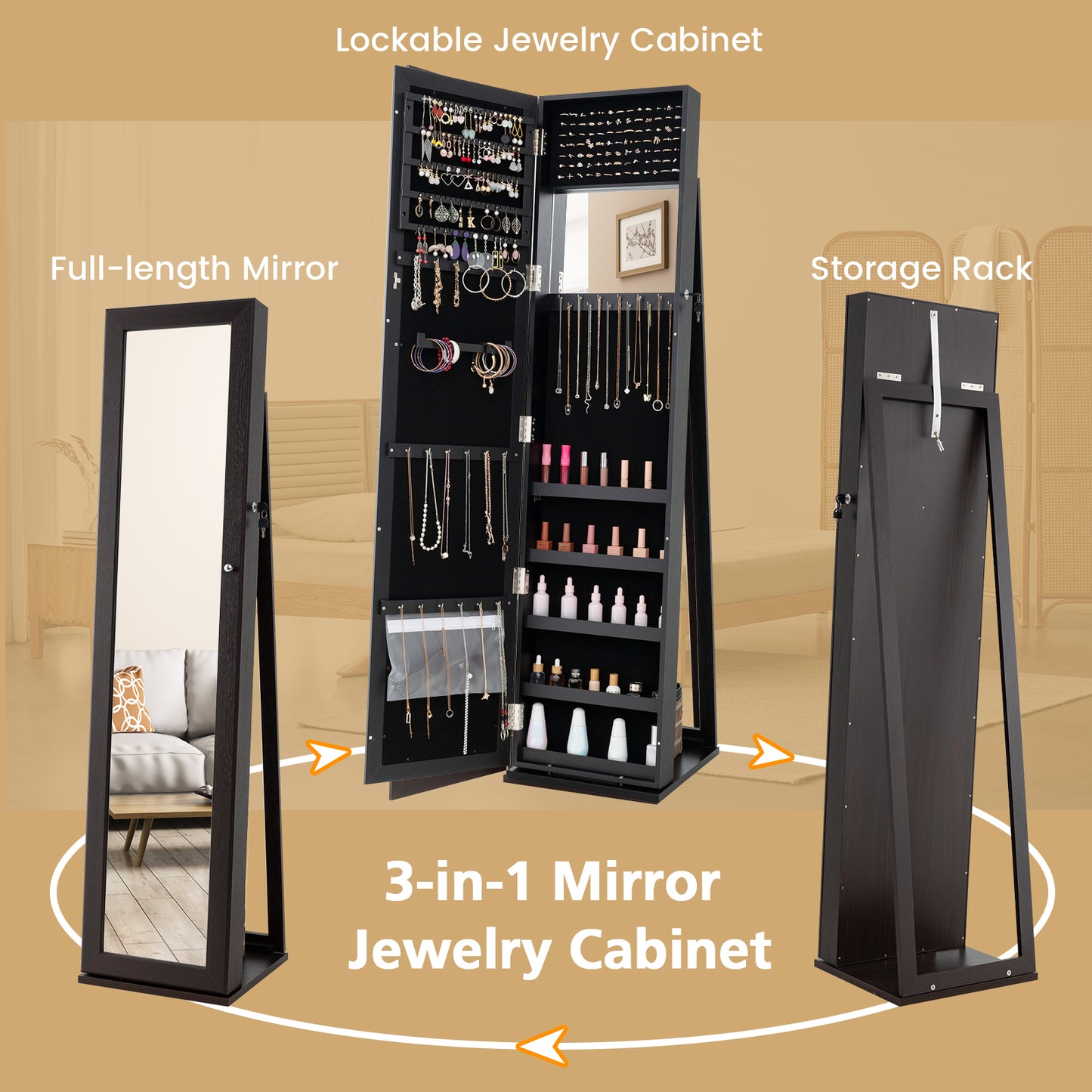 Standing Lockable Jewelry Storage Organizer with Full-Length Mirror-Coffee Kids Crystal