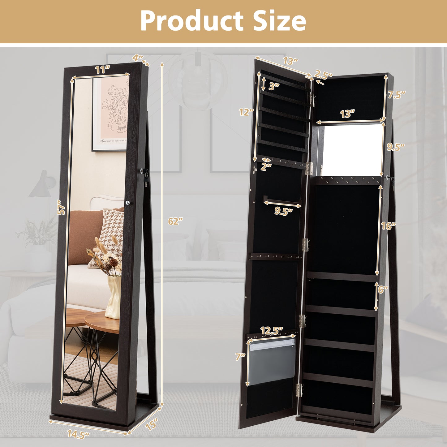 Standing Lockable Jewelry Storage Organizer with Full-Length Mirror-Coffee Kids Crystal