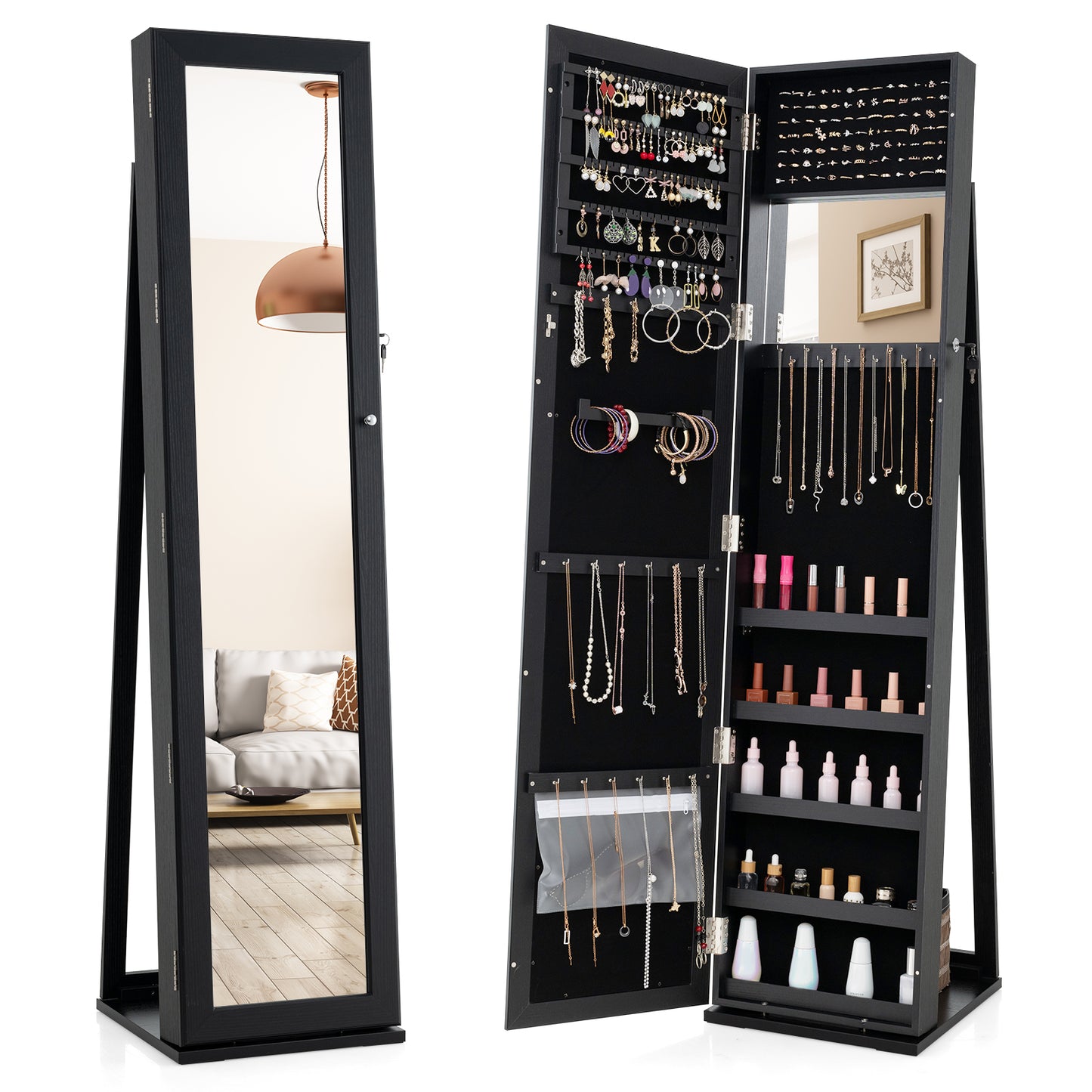 Standing Lockable Jewelry Storage Organizer with Full-Length Mirror-Black Kids Crystal
