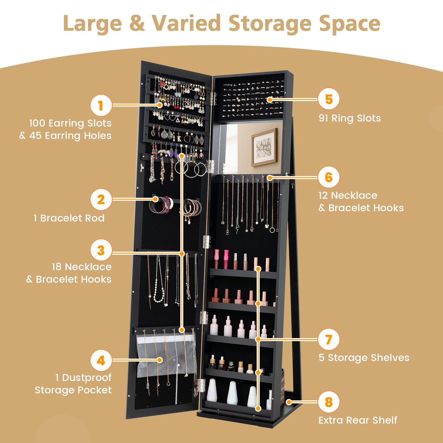 Standing Lockable Jewelry Storage Organizer with Full-Length Mirror-Black Kids Crystal