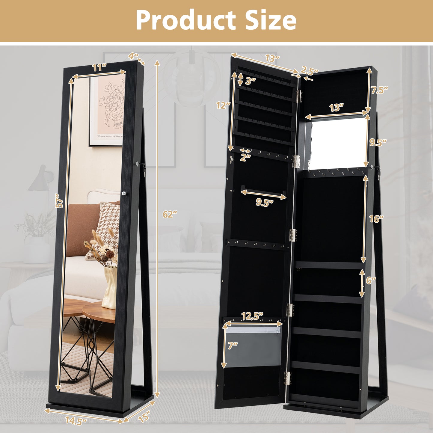 Standing Lockable Jewelry Storage Organizer with Full-Length Mirror-Black Kids Crystal