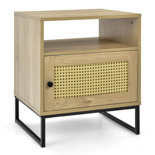 Wooden Side End Table with Cabinet and Rattan Decorated Door-Natural Kids Crystal