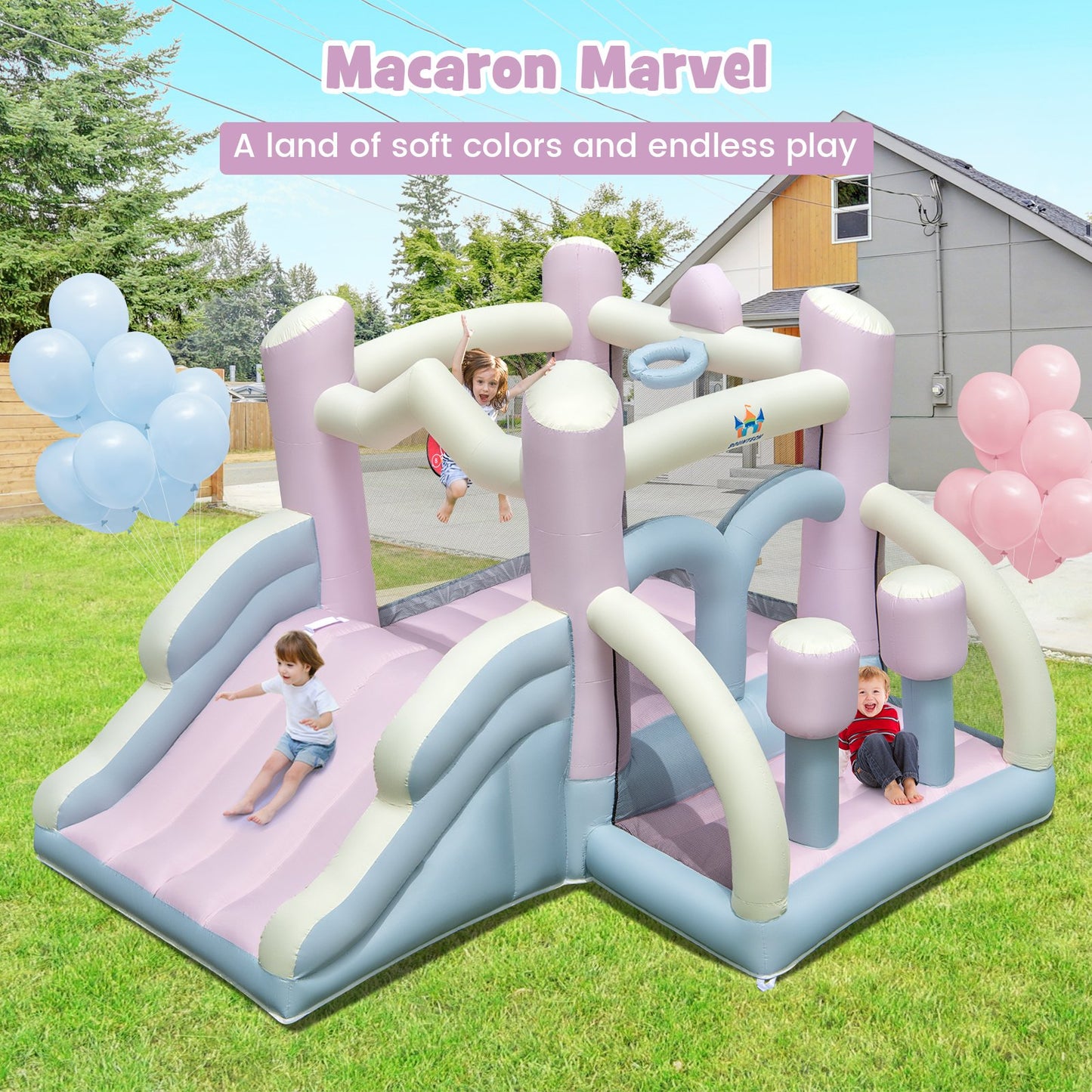 Kids Bounce House with Slide and 2 Boxing Columns for Party with 480W Blower Kids Crystal