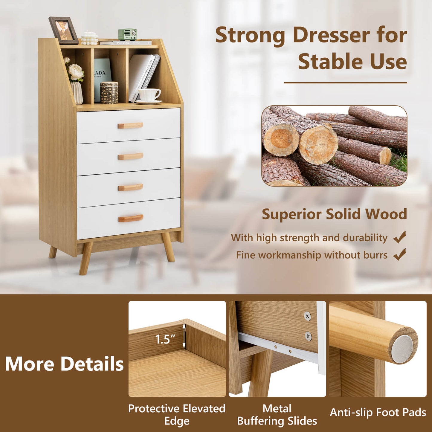 4-Drawer Dresser with 2 Anti-Tipping Kits for Bedroom-Natural Kids Crystal