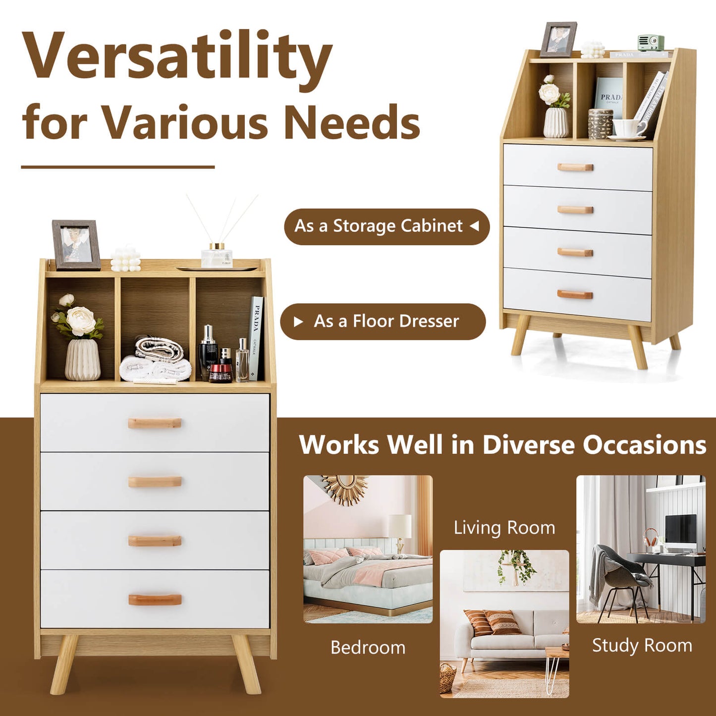 4-Drawer Dresser with 2 Anti-Tipping Kits for Bedroom-Natural Kids Crystal