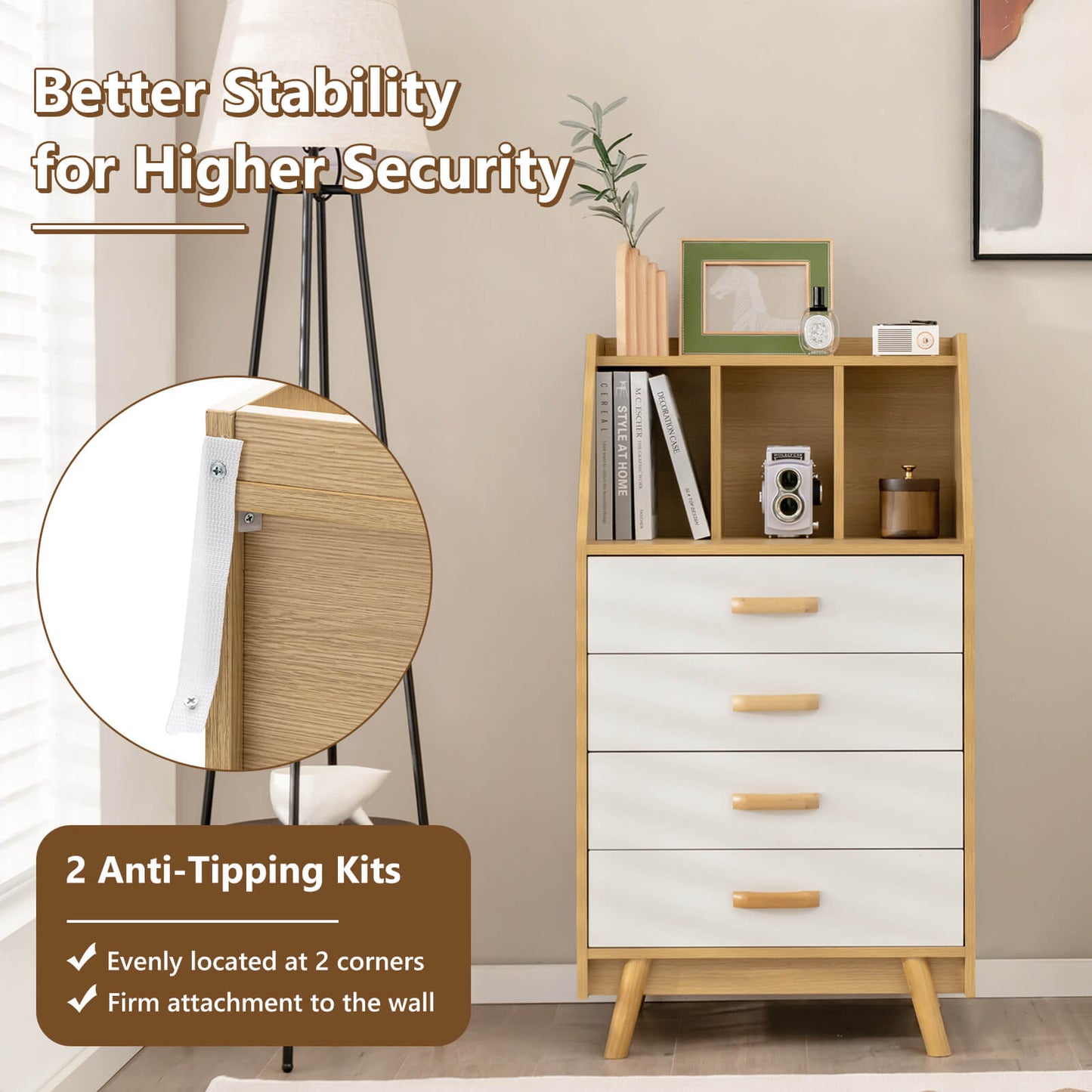 4-Drawer Dresser with 2 Anti-Tipping Kits for Bedroom-Natural Kids Crystal