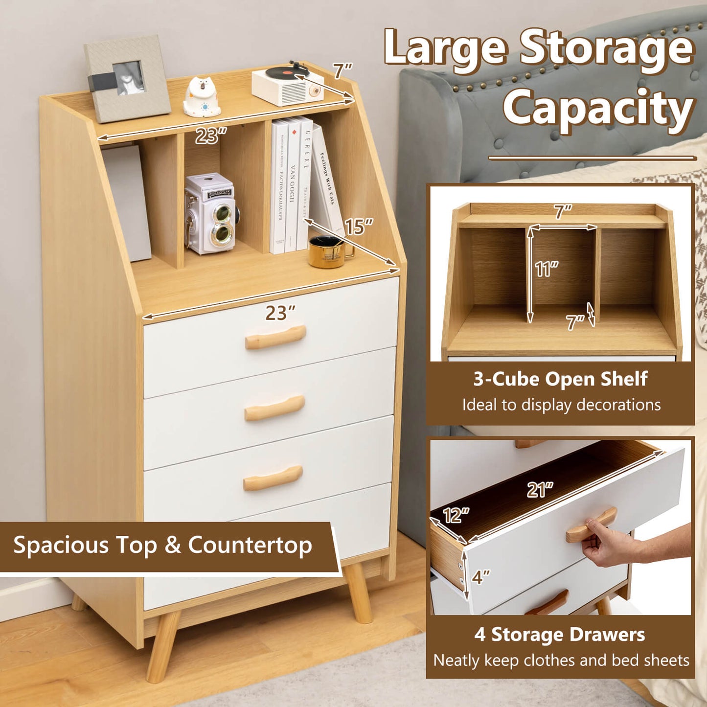 4-Drawer Dresser with 2 Anti-Tipping Kits for Bedroom-Natural Kids Crystal