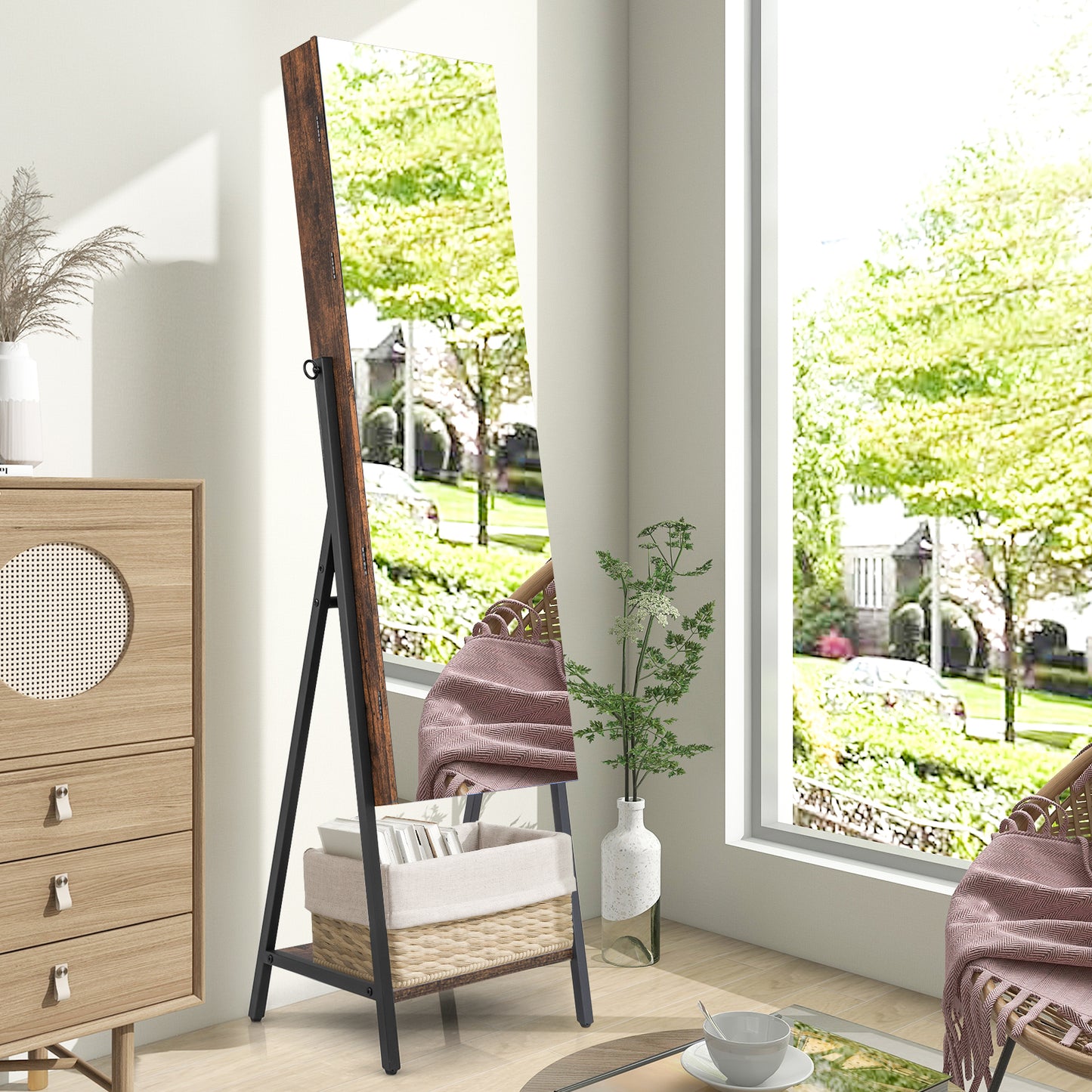 Freestanding Jewelry Cabinet with Full-Length Mirror-Rustic Brown Kids Crystal