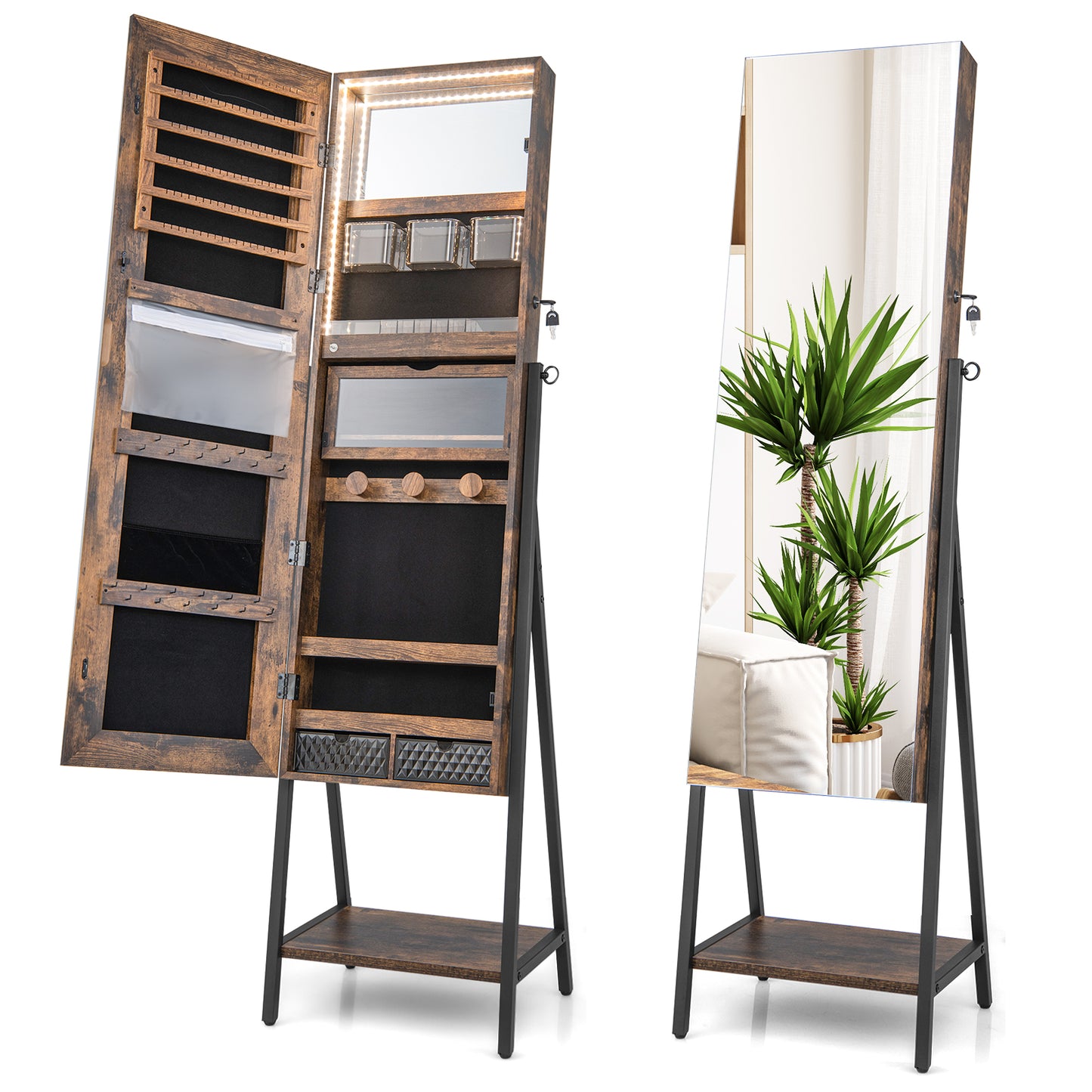 Freestanding Jewelry Cabinet with Full-Length Mirror-Rustic Brown Kids Crystal