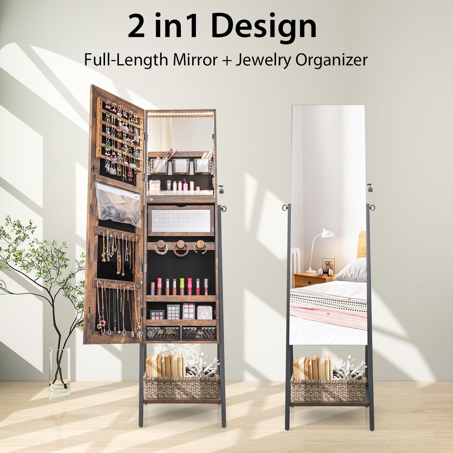 Freestanding Jewelry Cabinet with Full-Length Mirror-Rustic Brown Kids Crystal