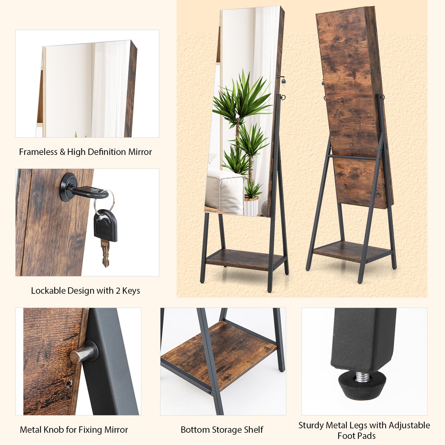 Freestanding Jewelry Cabinet with Full-Length Mirror-Rustic Brown Kids Crystal